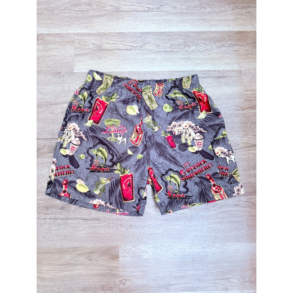 Big Dogs‎ Men's Swim Trunks Medium Gray Tropical Cocktail Print Mesh Lined Beach